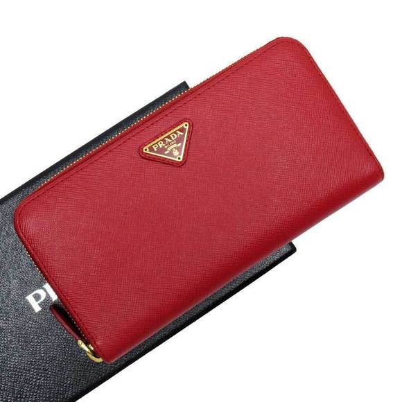 Prada Wallet Zip Saffiano Leather Triangle Red - Picture 1 of 3